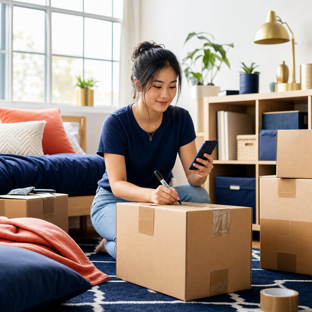 Student packing boxes and scheduling pickup